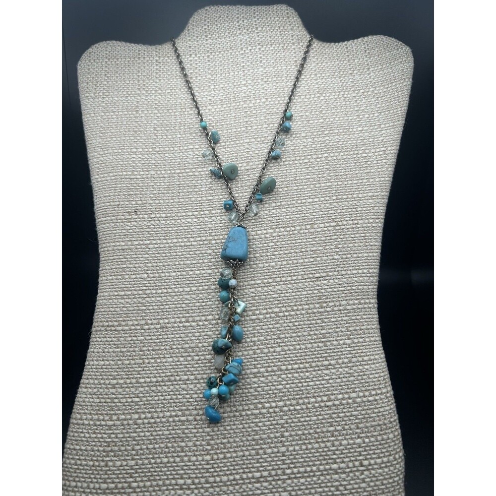 Vintage Yousi Turquoise Lariat Necklace You & I Boho Beaded Cluster Drop Fringe